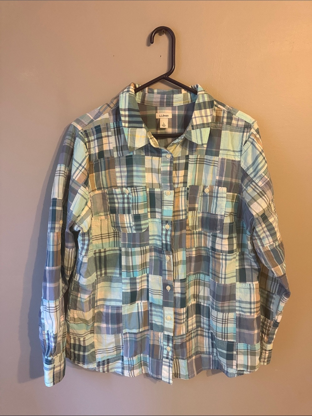 L. L. Bean Madras Patchwork Plaid Button Down Shirt.  Size large. - Picture 2 of 10